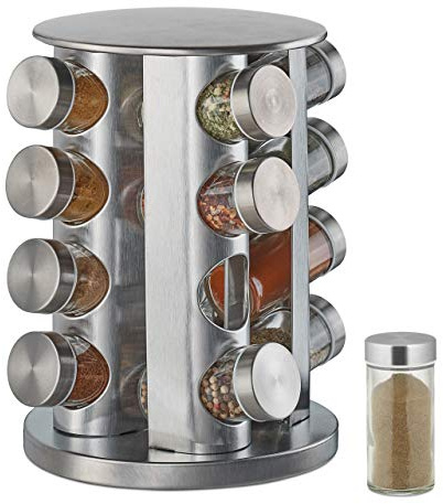 Relaxdays Tourniquet à épices, avec 16 pots, étagère rotative à 360°, inox, verre, présentoir, HxD 28 x 22 cm, argent