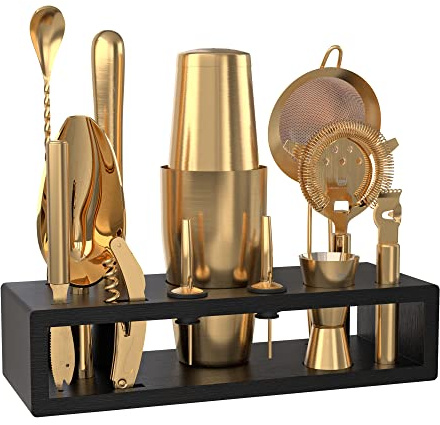 Highball & Chaser Kit de camarero con soporte de bambú negro, hermoso juego de coctelera y herramientas de bar, kit de coctelera Boston de acero inoxidable con soporte (oro antiguo)