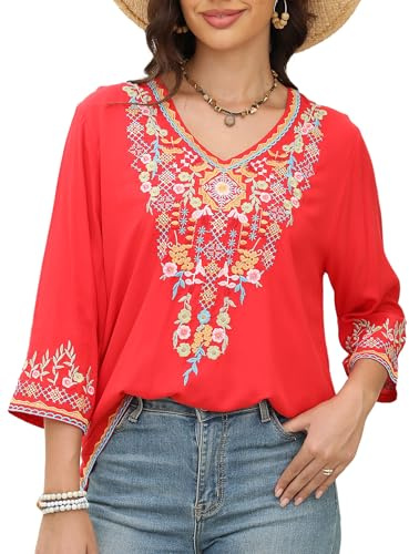 AK Women's Embroidered Tops 3/4 Sleeve Traditional Mexican Shirts for Women V Neck Peasant Tunic Blouses