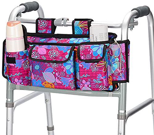 supregear Walker Bag, Borsa da Viaggio Pieghevole per Organizer con Cesto Pieghevole di Alta qualità per Qualsiasi Walker Style Rollator e Sedia a Rotelle, Floreale Arancione, Viola Floreale