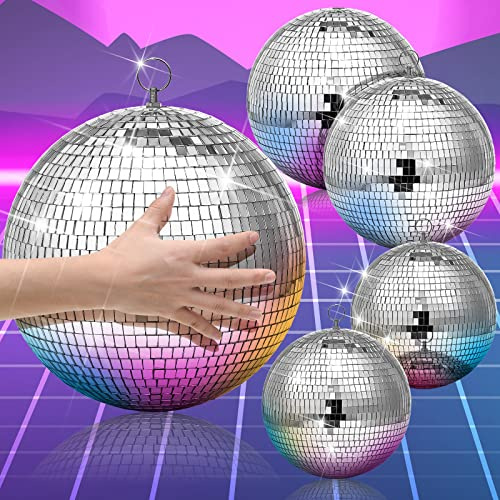 4 Pcs Large Disco Ball Decor - Silver Hanging Mirror Disco Balls Ornament for Stage Club Prom Props 70s Weddings Dance Music Birthday(8, 6, 4 Inch)