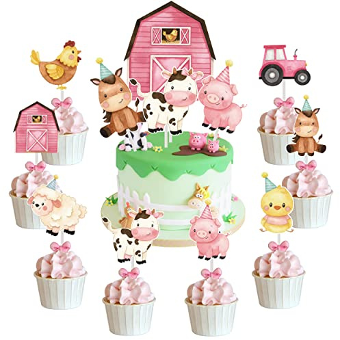 Decoración rosa para tarta de animales de granja, decoración para tarta de cumpleaños de animales de granja, fiesta temática de animales de granja, decoración para cupcakes de animales,