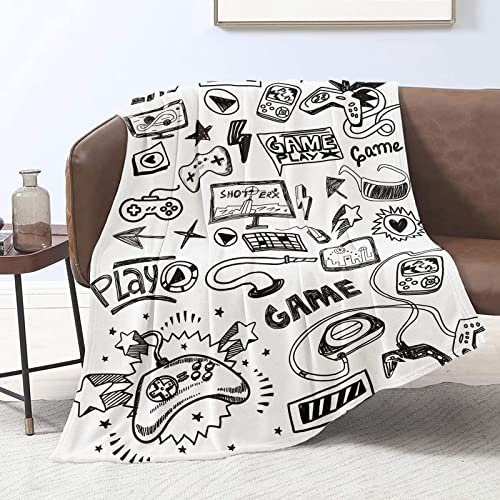 Domgoge Video Games Throw Blanket for Kids Boys Child White Cartoon Gaming Gamepad Flannel Fleece Blanket Graffiti Gamers Fuzzy Blankets Christmas Birthday Gifts Sofa Couch Blanket, 150cm x 200cm