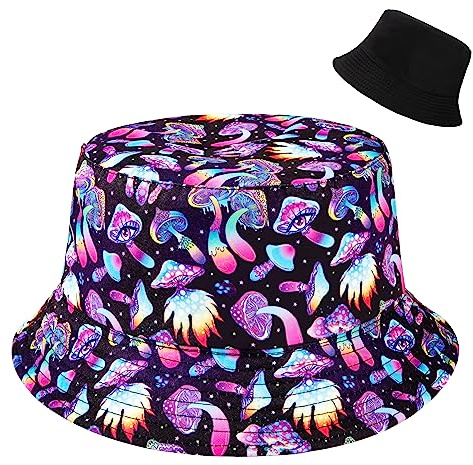 Newellsail Sombrero de Pescador Algodón a Estampado Trippy de Setas Plegable Reversible Gorros de Pescador Aire Libre Unisex Sombrero Bucket Hat para Excursionismo Viaje Pescar (56-58cm)