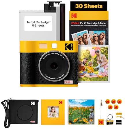 KODAK Mini Shot 4 Era 4PASS 2-in-1 Fotocamera Istantanea & Stampante Fotografica (10x10cm) (Fotocamera Istantanea + 10 Fogli inclusi + Pacchetto accessori e 60 Fogli, Giallo)