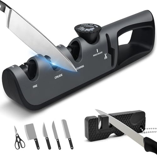 Messerschärfer 4-in-1, 6 Stufiges Manuelles Messerschleifer Profi, Messer Schärfen mit Ergonomisch Griff und Rutschfeste Basis Knife Sharpener, für Restaurieren,Polieren,Schere,Küchenmesser(Schwarz)