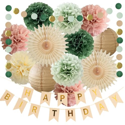 Sage Green and Dusty Pink Birthday Decorations Sage Green Dusty Rose Paper Pom Poms Paper Fans Happy Birthday Banner for Women Girls Neutral Birthday Party Decor