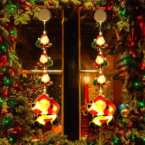 PhilzOps Luci Natale per Finestra, 2 Pezzi Interno Luce di Decorazioni Natalizie a Batteria LED Lampada da Babbo Natale Catene Luminose per Finestre Casa Porta Giardino Albero Festive, Bianco Caldo