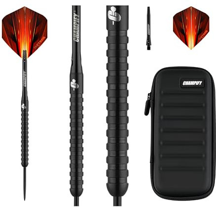Champify® 90% Tungsten Darts Set “Meteor” mit 23g Barrel und schwarzer Darttasche| 3 Steeldarts mit 9 Alu-Schäften & 9 Flights | Dart Set mit Zubehör | Dartpfeile mit Metallspitze