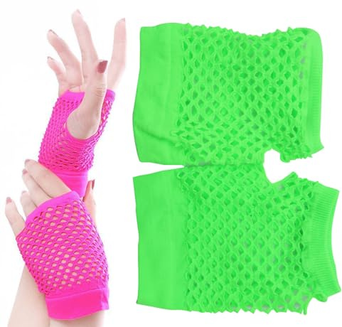 CENPEK 2 Paires de Gants en Résille sans Doigts pour Femmes Gants Courts en Maille Extensible des Années 80 Gants sans Doigts en Filet de Poisson en Nylon Rétro pour Fête à Thème