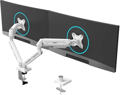 ETHU Dual Monitor Arm Desk Mount for 13-32 inch from 2 to 9 Kg, Height Adjustable Desk Mount with Tilt Swivel Rotation, Gas Spring Dual Monitor Stand with C-Clamp/Grommet Base (White)
