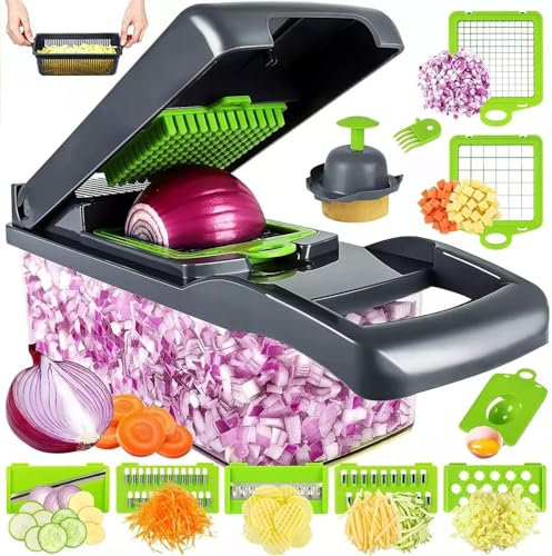 Affettaverdure da cucina, 14 in 1, multifunzione, tritatutto per verdure con contenitore per diversi tipi di verdura e frutta, essenziale per la cucina, essenziale per la cucina (grigio)