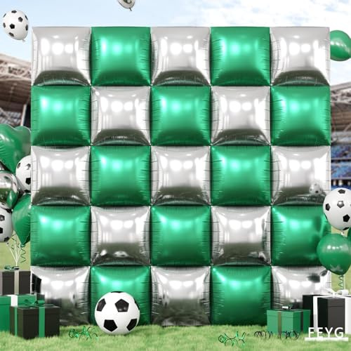 Metallic Green Silver and Black Soccer Square Foil Balloons Wall,19 Inches Foil Balloons Tunnel Arch Garland Kit for Boy Sports Soccer Theme Birthday Party Decorations
