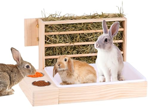 MUALROUS Comedero de heno grande 3 en 1 con bandeja de arena para gatos, alimentador automático de madera con 2 cuencos para conejos, cobayas, chinchilla, otros animales pequeños