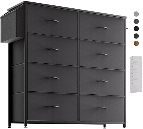 PURFINO Fabric Chest of Drawers - Canvas Storage Unit with 8 Large Drawers, Label Cards, Side Pocket & Hook for Living Room, Hallway, Bedroom