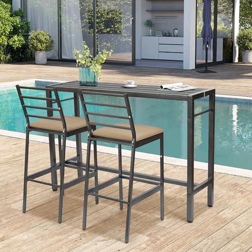 Set da pranzo da bar per patio, 3 pezzi, tavolo da bar rettangolare resistente alto 55 pollici con 2 sgabelli da bar imbottiti, tavolo da bar in metallo e sedie per cortile, veranda, bistrot, balcone