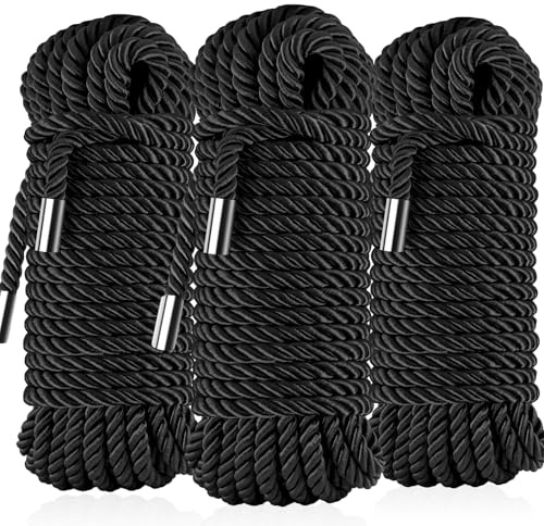 Soft Silk Tying Rope - Skin-Friendly Shiny Colored Nylon Binding Ropes, Durable Multi-Purpose Satin Braided Twisted Decorative Cord, Thickness 8MM, Each 32-Foot Long (3 x Black)