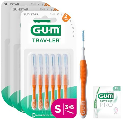 GUM TRAV-LER brossettes interdentaires | nettoyage en profondeur entre les dents | manche pliable | élimination de la plaque dentaire | 0.9mm, ISO 2 | Taille S | Lot de 3x6 (+ 1 échantillon gratuit)