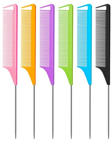 6Pcs Rattail Comb, Anti-Static Metal Rat Tail Combs, Fine Tooth Parting Combs with Stainless Steel Pintail, Teasing Hair Comb for Braiding Hair Sectioning Styling