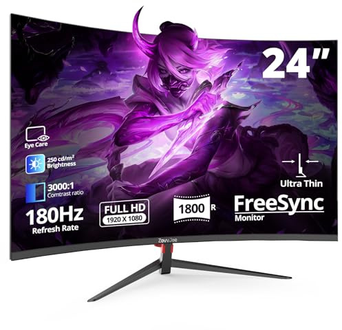 ZovvJee 24 Inch Curved Gaming Monitor180Hz, FHD 1080p 1ms Response, FreeSync, 98% sRGB, Ultra-Thin Bezel, 178° Viewing Angle, HDMI/DisplayPort, Mural 75x75mm