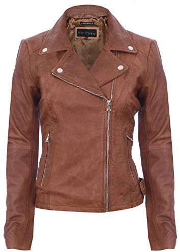 Infinity Leather Giacca da Motociclista in Pelle 100% Marrone con Bracora per Donna Coniac Abbronzatura S