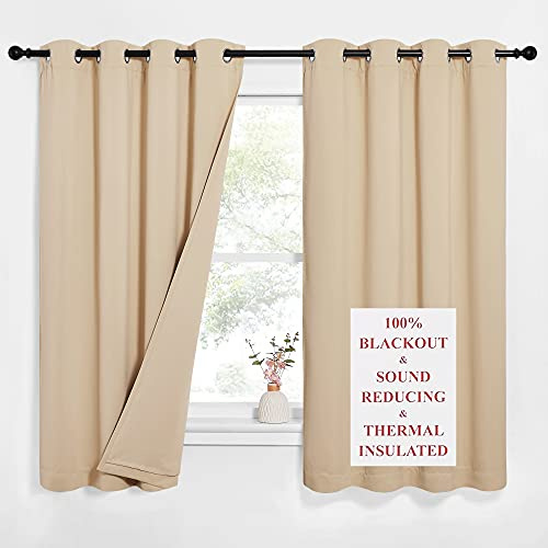 NICETOWN Bedroom Full Blackout Curtain Panels, Super Thick Insulated Window Covers, Complete Blackout Draperies with Noise Absorb Liner for Short Window(Biscotti Beige, Set of 2, 52 by 63-inch)