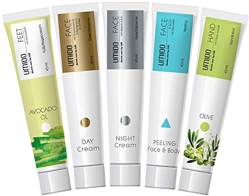 UMIDO 5 Stück Set Kosmetik-Set 45 ml| 1x Fußbalsam Avocadoöl | 1x Tages Gesichtscreme Traubenkern-Öl | 1x Nacht Gesichstcreme Vitamin A & E | 1x Peeling Mandelöl | 1x Handlotion Olive