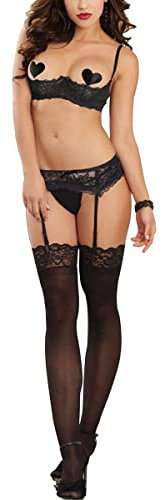 ROSVAJFY 5 Pièces Sexy Ensembles de Lingerie en Dentelle 1/4 Cup Brassière Push Up Cache-tétons en Cœur Porte-Jarretelles String et Bas, Femmes sous-vêtements Coquine Hot Noir