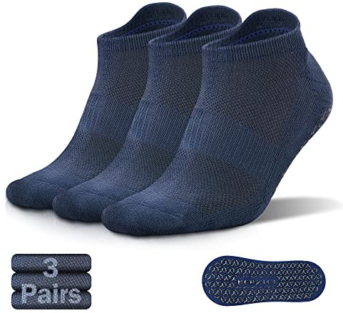 NEWZILL Non Slip Yoga Socks With Grips for Women & Men, 3 Pairs Unisex Anti Skid Socks, Ankle Grippy Slipper Socks for Pilates Barre Workouts Home Hospital (S/M, Navy)