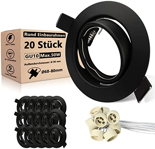 Allesgute Set of 20 Recessed Spotlights GU10 Set, Matt Black Mounting Frame with GU10 Ceramic Socket for Recessed Spotlights 68 mm Adjustable 30°