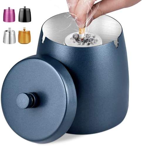H.Romo Posacenere con coperchio, posacenere per fumatori di sigarette, posacenere domestico senza fumo, con coperchio, a prova di odore, per interni ed esterni, antivento all'esterno in metallo per