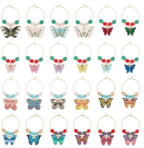 BENECREAT 24 pz Ciondoli per Bicchiere di Vino In Lega, Segnabicchiere Da Vino A Tema Farfalla con Perline di Vetro e 316 orecchini A Cerchio In Acciaio Inossidabile per Degustazione di Champagne