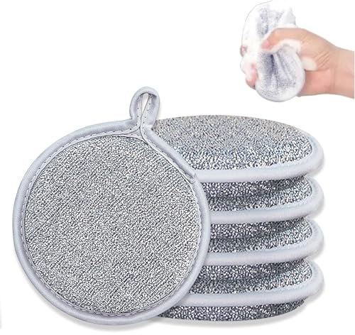 Dawumin 5 Stück Spülschwamm, 2 in 1 Multipurpose Wire Dishwashing Rags, Doppelseitiger Putzschwamm und Draht Putztücher, zum Reinigen von Küche, Geschirr, Spülbecken