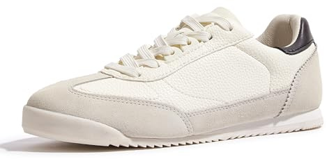 LUCKY STEP Zapatillas Planas de Cuero para Mujer – Zapatillas de Moda con Cordones, Calzado Casual para Tenis y Uso Diario (Beige/Gris, 9US-39EU-6UK)