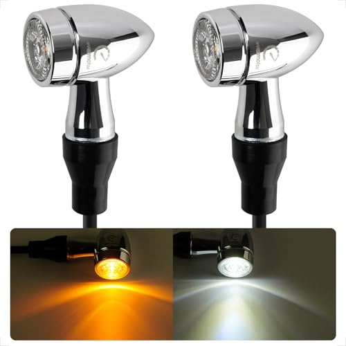 evermotor Cromato CNC 12V 2 Pezzi Mini Indicatori LED Moto, Guscio in Alluminio a Proiettile con Finitura di Superficie Elegante, Impermeabile IP67, Omologato E, Ambra e Bianco