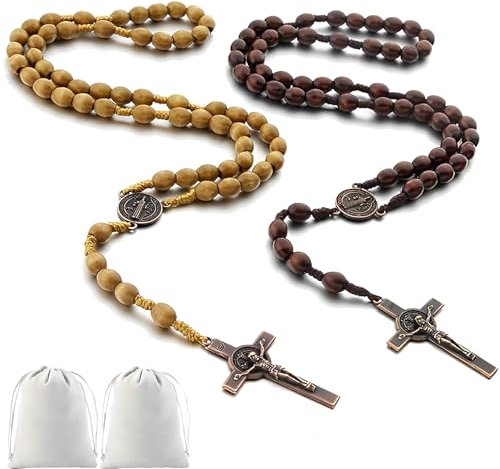Scinzene 2 Stück Rosenkranz Kette Holz, Handgefertigter Katholisch Rosenkranz mit Jesus kette Kreuz, Christliche Gebetskette mit Kruzifix für Kommunion, Taufe und Religiöse Anlässe mit 2 Schmuckbeutel