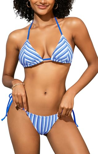 SHEKINI Tessuto Spugna Halter Bikini Donna Sexy Triangolo Costume da Bagno Donna 2 Pezzi Vita Bassa Bikini Set(S, Striscia Blu)