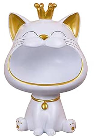 MiniGlypture Figura de gato de la suerte, escultura de almacenamiento, casa para la entrada, gato riendo, caja de almacenamiento, caja decorativa de almacenamiento (blanco)