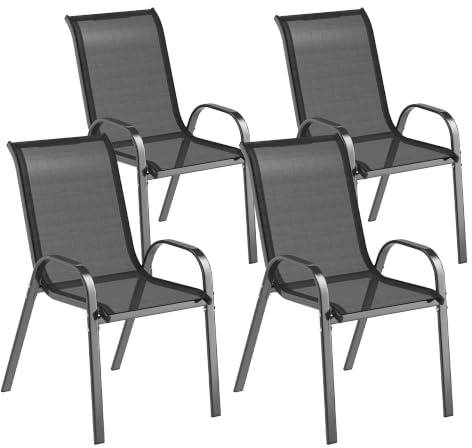 Outsunny Lot de 4 Chaises de Jardin Empilables Dossier Haut Incliné Noir | Tissu en Maille Respirante, Cadre en Acier, Chaise Jardin Extérieur
