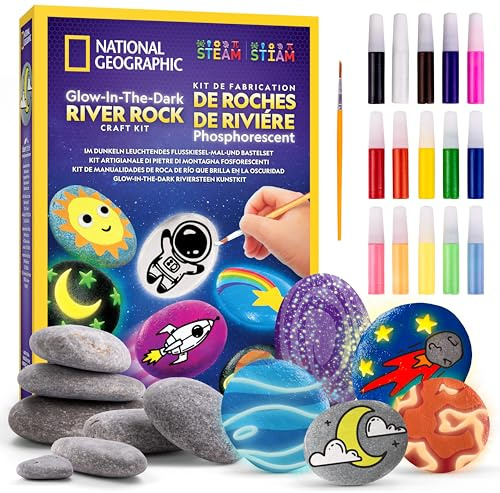 Blue Marble National Geographic Glow in the Dark Rock Painting Kit - Arts & Crafts Kit for Kids, Decorate 15 River Rocks with 15 Paints & Art Supplies, Kids Craft