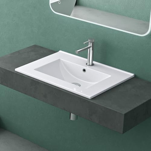 Mai & Mai Lavabo Encastré en Céramique 60cm Blanc Lave Mains Rectangulaire avec Perçage de Robinet et Trop-Plein 61x47x18cm BR912