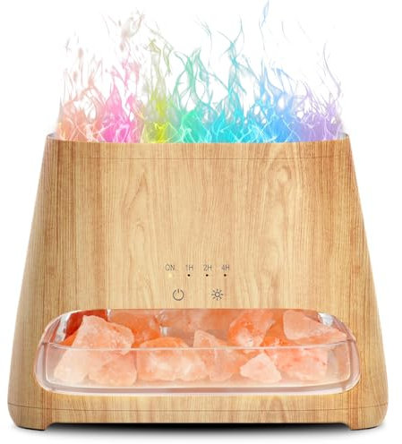 SALKING Flame Essential Oil Diffuser, Himalayan Salt Lamp, Upgrade 7 Colour Lights Aromatherapy Diffuser, Ultra-Quiet Essential Oils Humidifier for Large Room, Bedroom,150ml (Wooden Grain)