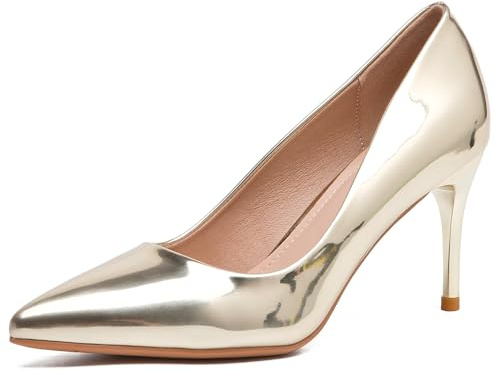 WUIWUIYU Women's Mid Kitten Heels Shiny Lovely Colors Pointed-Toe Dress Work Wedding Pumps Bridal Heeled Court Shoes Size 5 Gold
