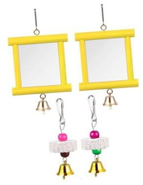 Ronyme Lot de 2 miroirs en Bois pour Poules, Jouet à picorer, Fournitures pour volailles de Jardin, Bec à mâcher, Pierres à mâcher avec Clochette pour, Jaune