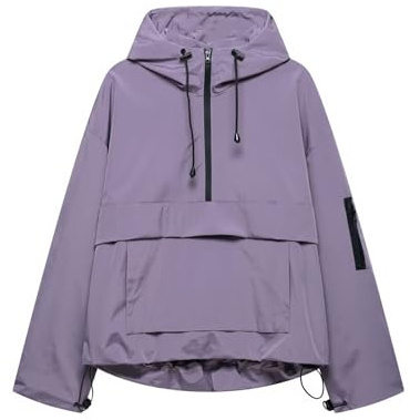 Waterproof Jacket Women,Solid Color Half Zip Windproof Jackets with Large Pocket Drawstring Hooded Raincoat Ladies Fashion Rainproof Coats Hiking Climbing Softshell Jacket Outdoor Sport Coat S-XL