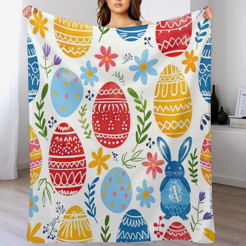 ArogGeld 70x80in Rabbit Easter Eggs Wildflowers Flannel Fleece Throw Blanket Watercolor Bunny Colorful Floral Flannel Fleece Blankets Cosy Soft Warm Sofa Throw Birthday