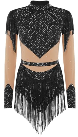TiaoBug Damen Eiskunstlauf Kleid Langarm Rollkragen Eislaufen Rollschuh Kleid mit Glitzer Fransen Rock Ballettkleid Tanzkleid Mesh Spleiß Gymnastikanzug Schwarz S