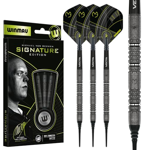 WINMAU Michael Van Gerwen MvG Signature Edition - Barril de 18 g/20 g de peso completo - 90% de tungsteno - Juego de dardos profesionales de punta suave con vuelos y cañas