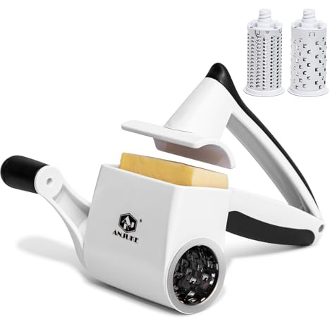ANJUKE Rotary Cheese Grater with Handle, Manual Hand Crank Shredder with 2 Stainless Steel Drums (Fine & Coarse), Dishwasher Safe Grinder for Parmesan, Chocolate, Nuts & Kitchen Prep