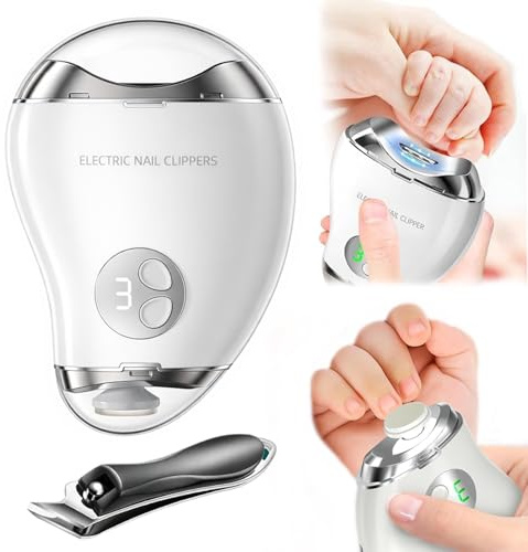 Electric Nail Clipper, 4-in-1 Rechargeable Automatic Nail Clipper Set with 3 Speed Gears/Nail File/Polishing/Trimmer/LED Light, Safe Smart Nail Clippers for for Baby, Kids, Adult and Seniors, White